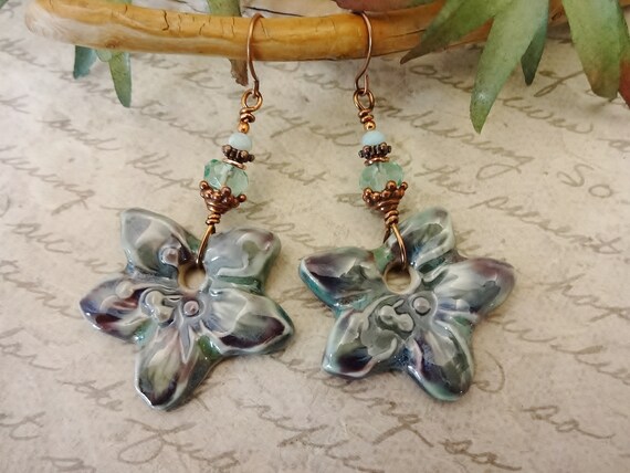 Artisan Ceramic Flower Earrings: Lavender, Blue, and Green Gemstone Jewelry