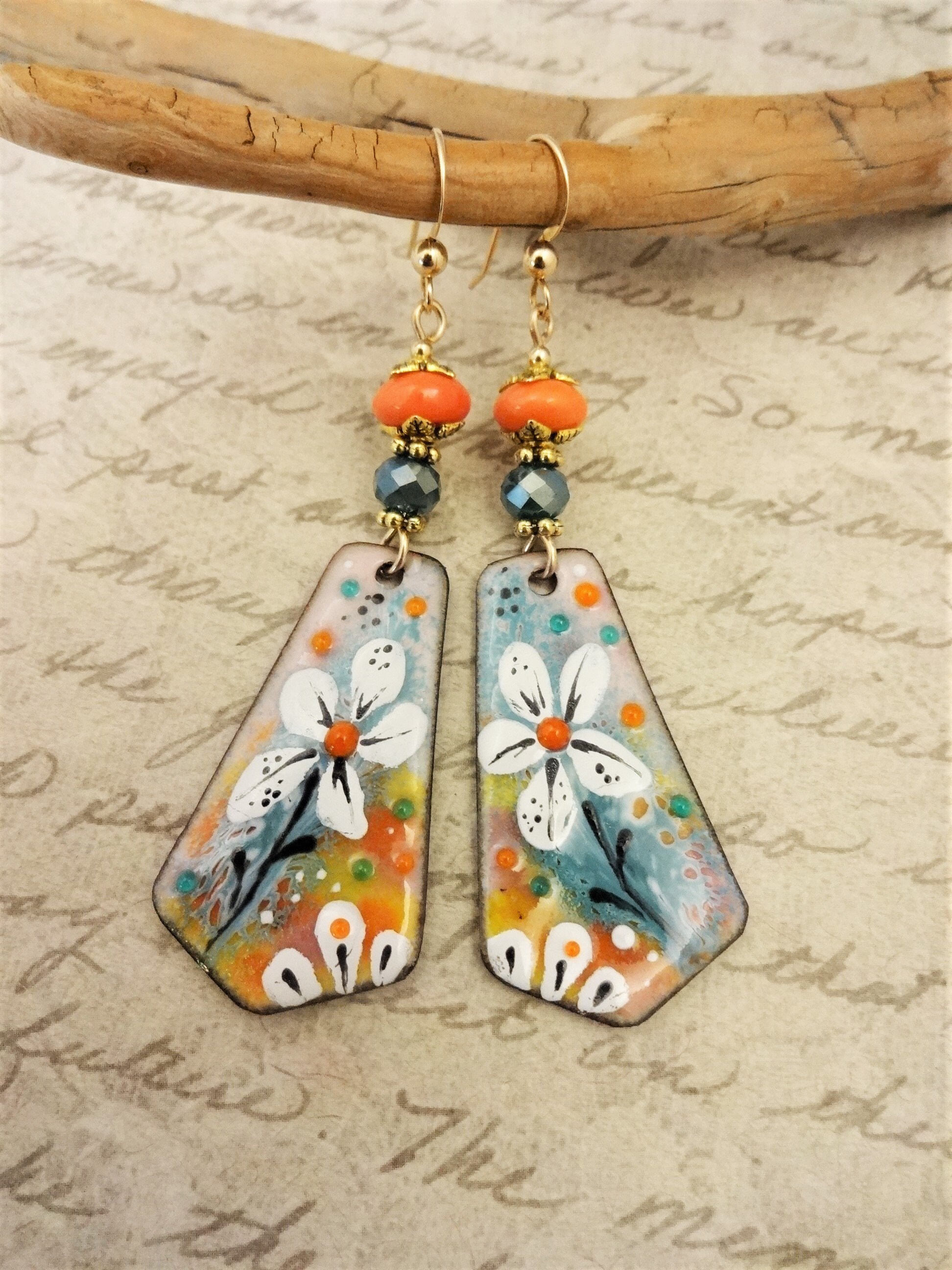 Artisan Enamel Earrings, Aqua and Orange One of a Kind Artisan Earrings