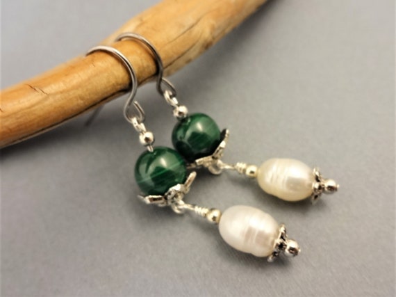 Malachite Gemstone and White Pearl Earrings, Dark Green and White Gemstone Earrings