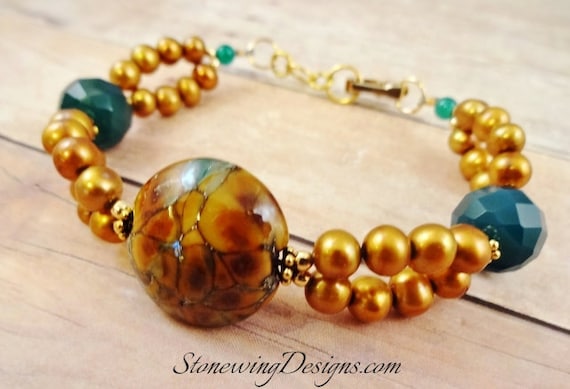 Artisan Lampwork, Gemstone and Pearl Bracelet in Gold and Green