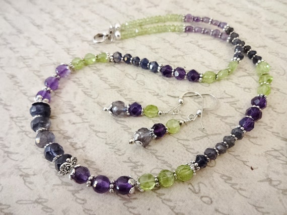 Amethyst Peridot and Iolite Necklace Bracelet and Earrings, February Birthstone Jewelry, August Birthstone Jewelry