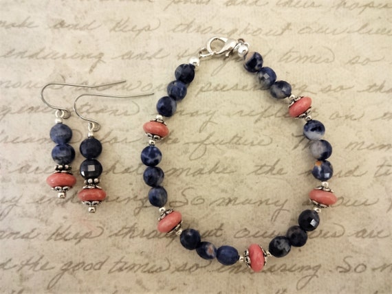 Sodalite and Rhodonite Gemstone Bracelet and Earring Set, Blue and Pink Stone Jewelry Set, Gift for Her