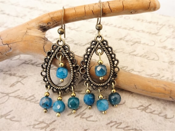 Chandelier Earrings with Blue Apatite Faceted Cubes and Antique Brass, Luxe, Gift, Romantic, One of a Kind