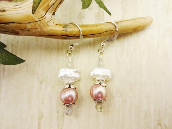White Biwa and Peach Pearl Earrings with Czech Crystals and Sterling Silver