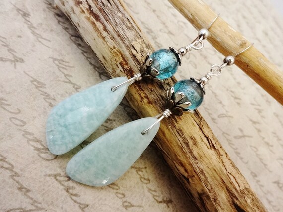 Aqua Gemstone Earrings, Sterling Silver and Amazonite Stone Earrings, Gift for Wife, Gift for Her