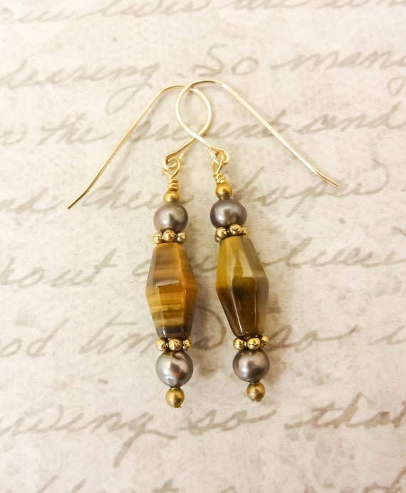 Tiger Eye and Freshwater Pearl Earrings, Brown Dangle Earrings, 14k Gold Fill Earrings, Gift for Her