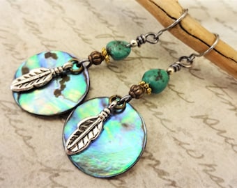 Turquoise Abalone Shell Earrings: Feather Dangle, Beachy Jewelry