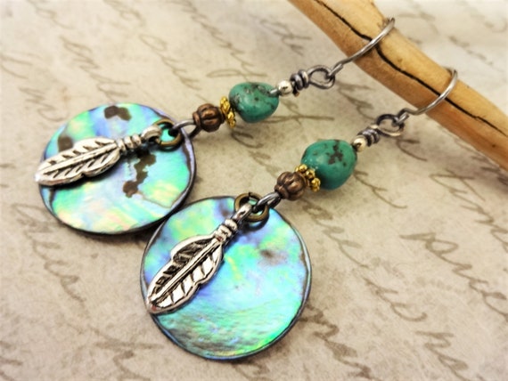 Turquoise and Abalone Earrings, Shell Circle and Feather Earrings, Abalone Seashell and Turquoise Earrings