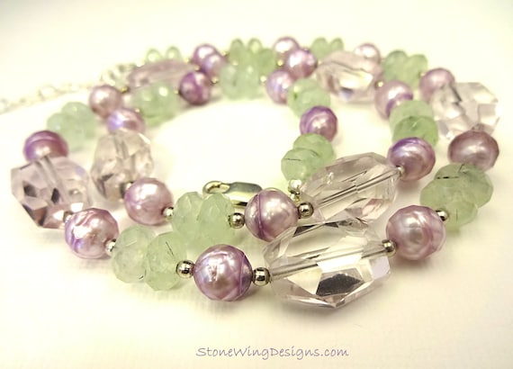 Amethyst Necklace, Prehnite and Pearl Necklace, Lavender and Green Gemstone Jewelry, February Birthstone