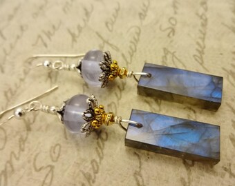 Labradorite Earrings with Lampwork Glass: Blue Flash Gemstone