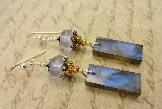 Labradorite Earrings with Lampwork Glass: Blue Flash Gemstone