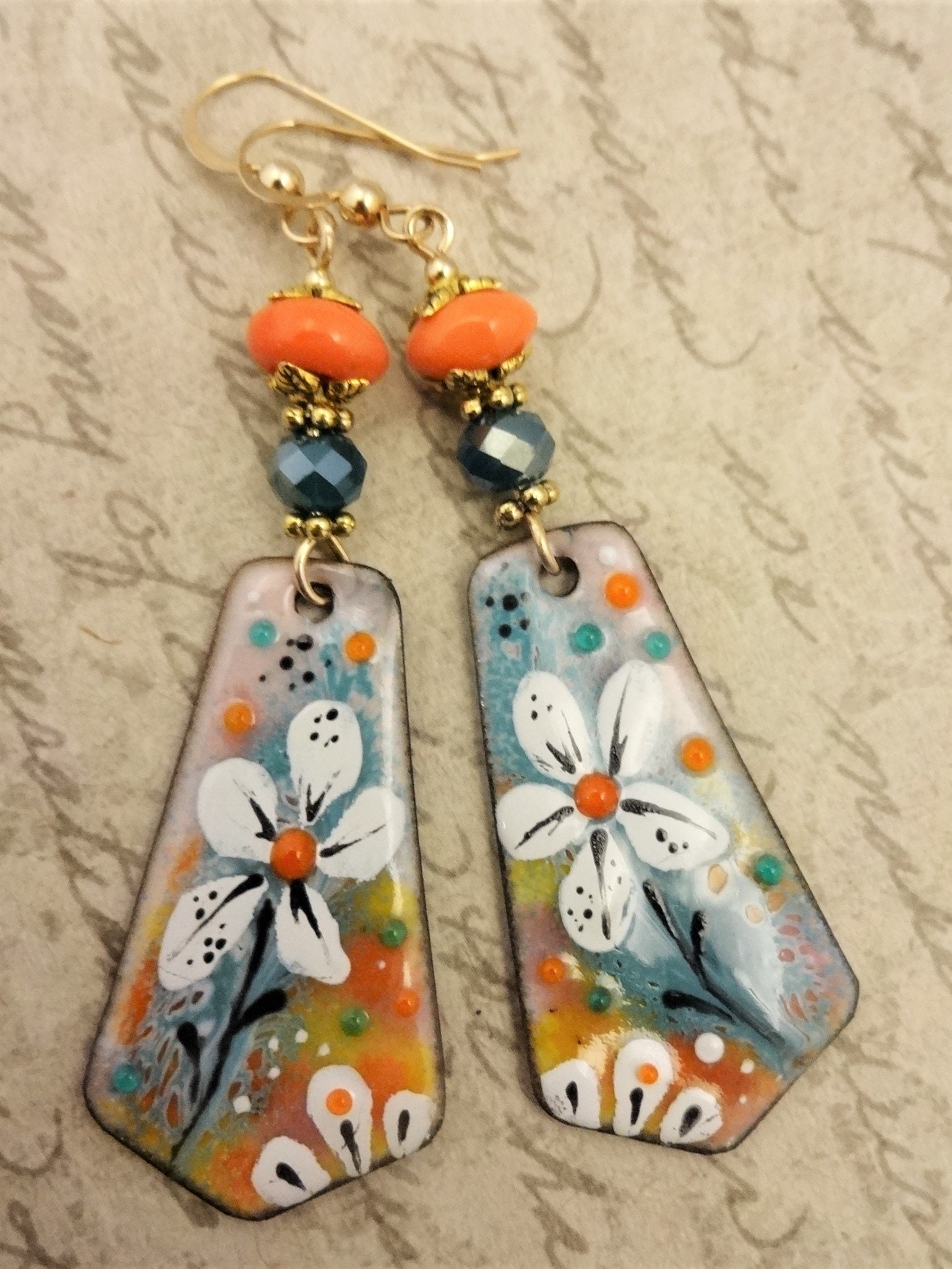 Artisan Enamel Earrings, Aqua and Orange One of a Kind Artisan Earrings ...
