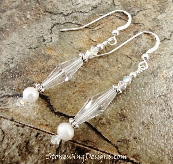 Swarovski Crystal, White Pearl Earrings, Bridal Earrings, Sterling Silver and Crystal Earrings, White Earrings, Crystal and Pearl Earrings