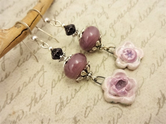 Shabby Chic Lavender Ceramic Flowers and Lamp Glass Earrings, Artisan Made Statement Earrings, Unique Gift for Her