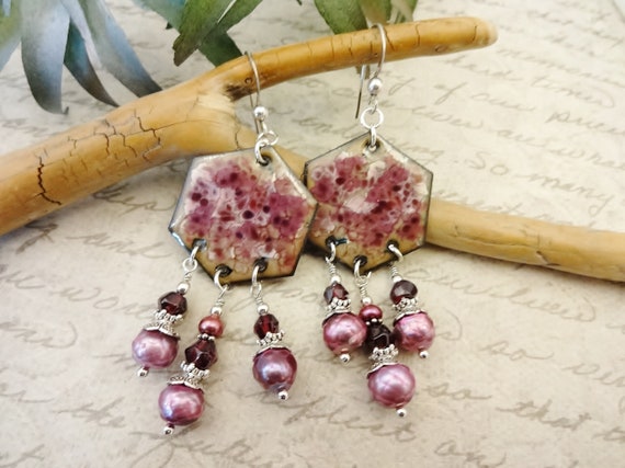 French Enamel Chandelier Earrings in Rose and Pink, Garnets and Pearls Gemstone Earrings, Gift for Her