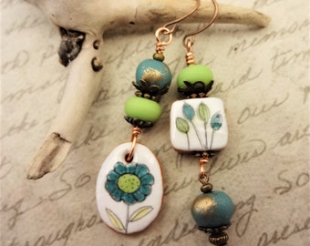 Asymmetrical Bohemian Earrings in Lime Green and Aqua Blue, Colorful Earrings, Gift for Her, One of a Kind