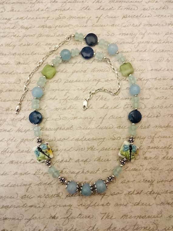 Aquamarine Apatite Angelite Gemstone Necklace with Dragonfly Lampwork, Aqua and Green Statement Necklace