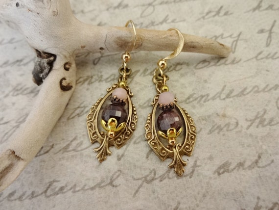 Antique Brass Filigree and Garnet and Pink Opal Earrings, January Birthstone, October Birthstone, Vintage Style Jewelry