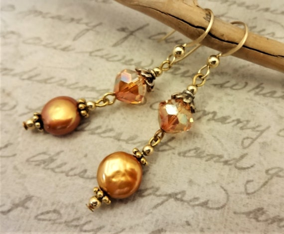 Copper Coin Pearl and Crystal Earrings, Coin Pearl Dangle Earrings, Copper Pearls and Swarovski Crystal Earrings