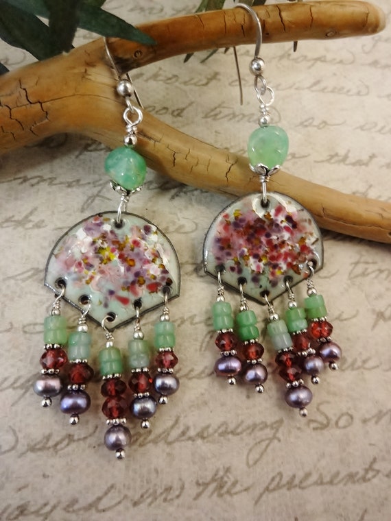 French Enamel Dangle Earrings: Chrysoprase, Garnet, Pearl, Sterling Silver