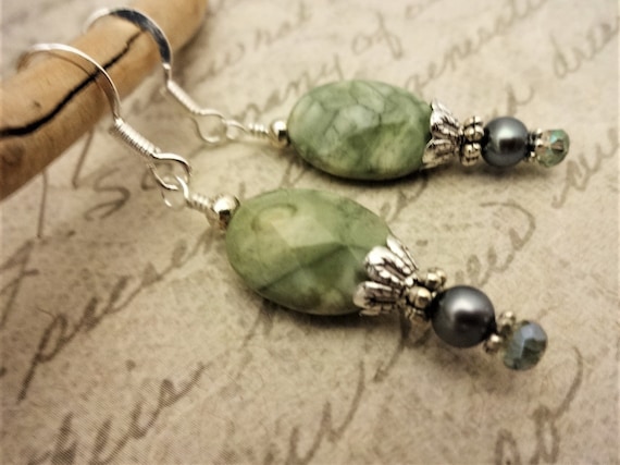 Green Ryolite Gemstone, Pearl and Crystal Earrings, Rainforest Jasper Earrings, Boho Earrings, Gift for Her