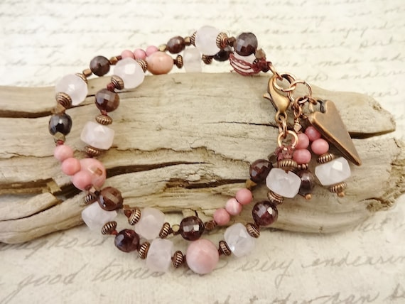 Rose Quartz, Rhodonite and Garnet Gemstone Bracelet, Eclectic Jewelry with Gemstones and Copper, Gift for Her