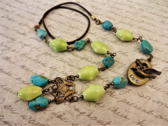 Turquoise Love Birds Vintage Style Necklace with Brass Filigree Turquoise Nuggets and Lime Green Ceramic, Published Design