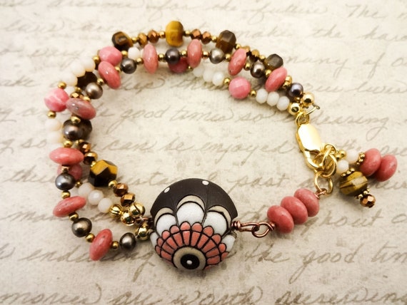 Boho Bracelet, Golem Studio Ceramic, Brown and Pink Bracelet, 3 Strand Bracelet, Gemstone Bracelet, Gift for Her