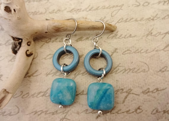 Blue Opal Square and Enamel Circle Earrings: Geometric Jewelry