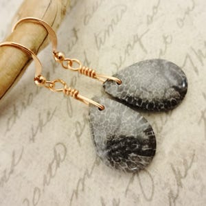 Può includere: Un paio di orecchini fatti a mano con pietre grigie e nere a forma di goccia. Le pietre hanno un motivo strutturato unico e sono sospese a delicati ganci per orecchie color oro rosa.