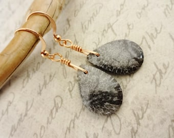 Fossil Coral Teardrop Earrings: Rose Gold Wire Wrapped, Black & Gray