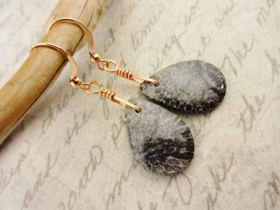 Fossil Coral Earrings, Black and Gray Earrings, Gift for Her