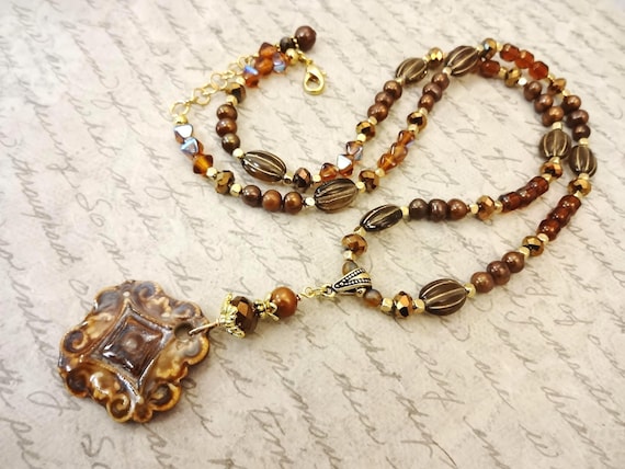 Artisan Ceramic Necklace Earrings Bracelet with Pearls & Czech Glass - Boho Jewelry Set