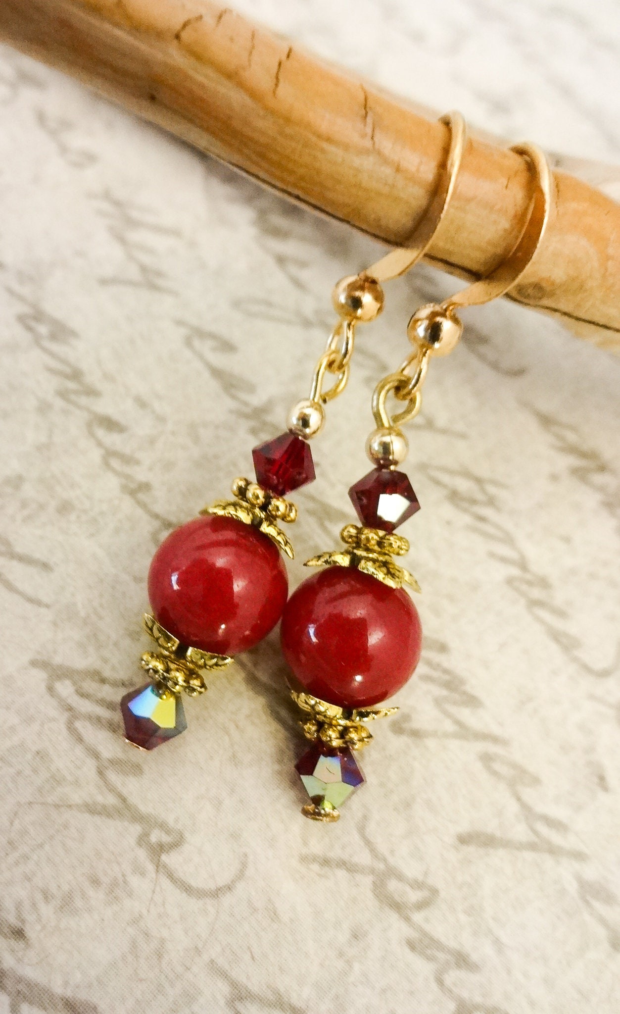 Red Earrings, Red Jade and Swarovski Earrings, Red Dangle Earrings, Red ...