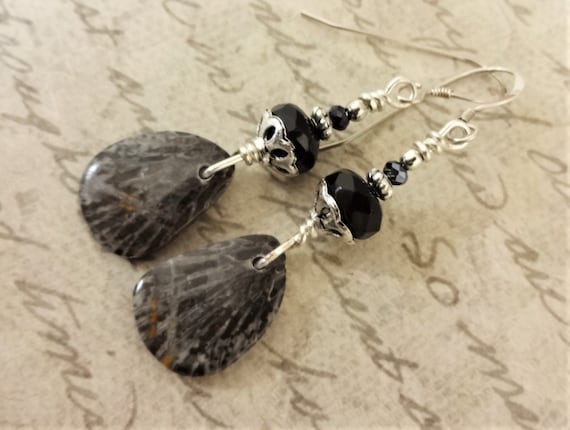 Fossil Coral Earrings, Black and Gray Earrings, Fossil Coral and Black Onyx Stone Earrings, Gift for Her