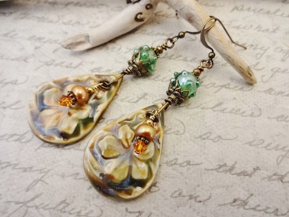 Artisan Earrings, Majoyoal Ceramic Artisan Lampwork and Pearls Earrings, Caramel and Green Earrings, Gift for Her, Mother's Gift