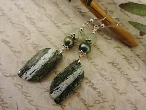 Green Gemstone Earrings, Green Zebra Jasper Prehnite and Pearl Earrings, Designer Stone Earrings, Gift for Her