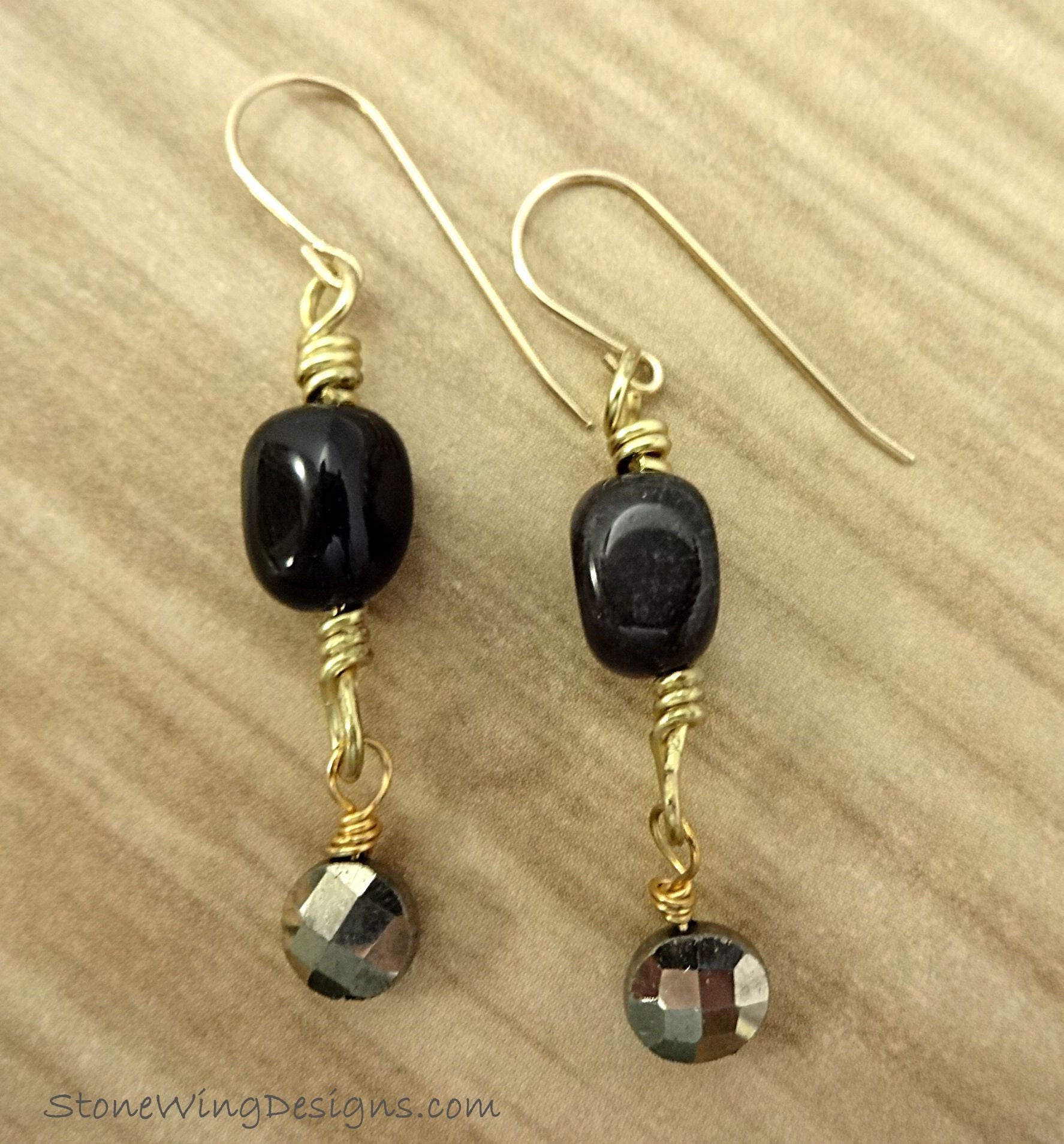 Black Onyx and Pyrite Earrings, Black Earrings, Stone Nugget Earrings ...