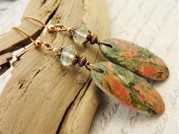 Unakite and Prasiolite Gemstone Earrings, Designer Gemstone Earrings, Green Gemstone Jewelry, Long Bohemian Earrings