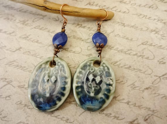 Bohemian Ceramic Oval Earrings: Sodalite Blue Green