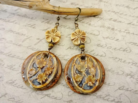 Bohemian Ceramic Earrings: Carved Bone Flower Rustic