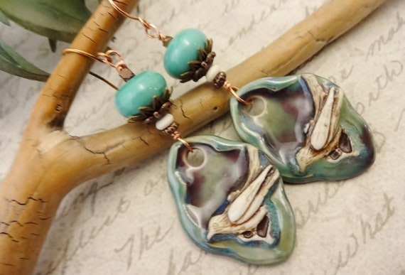 Ceramic Bird and Lampwork Glass Earrings, Green Lavender and Beige Artisan Earrings, Gift for Her