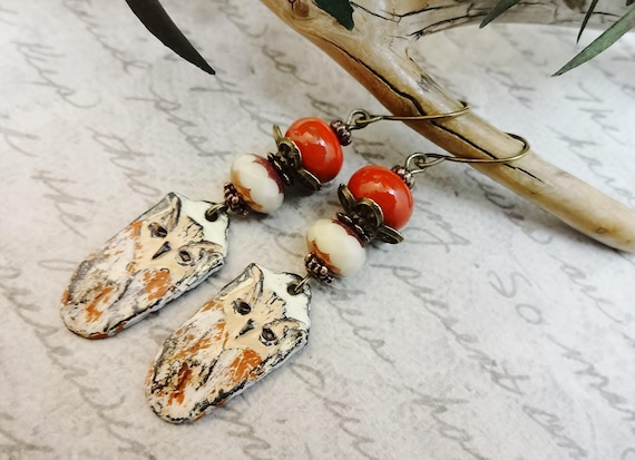 Colorized Pewter Owl Earrings with Lampwork Glass: Rust Orange and Cream