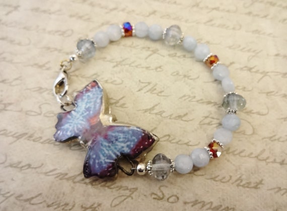 Artisan Ceramic Butterfly Bracelet with Blue Lace Agate and Czech Glass, Gift for Her, Light Blue and Red