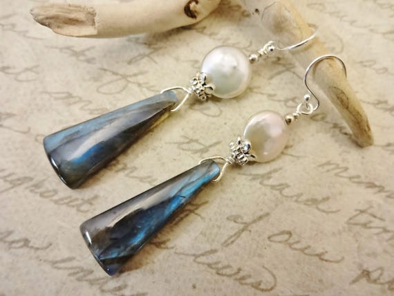 Labradorite Earrings with White Coin Pearls: Blue Flash Gemstone