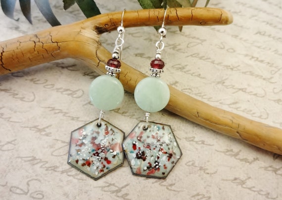 Artisan Enamel Dangle Earrings: Mint Chrysoprase, Garnet, Sterling Silver