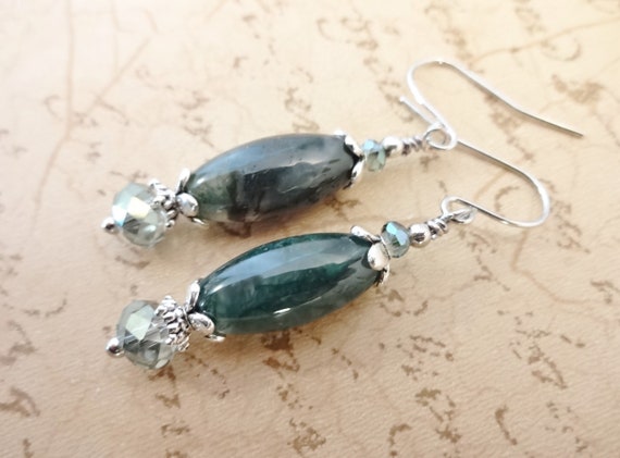 Green Gemstone Earrings, Moss Agate and Czech Glass Earrings, Gift for Her, Natural Stone Earrings