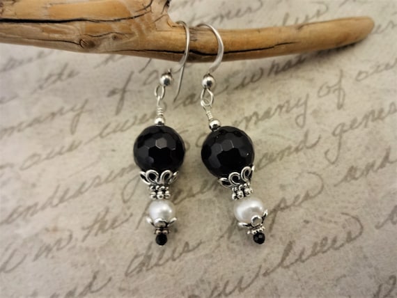 Black Onyx and White Pearl Earrings, Black and White Gemstone Earrings, Black Onyx and Pearl Jewelry, Gift for Wife, Gift for Her