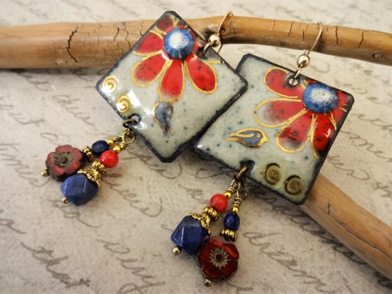 Artisan Red White and Blue Enamel Flower Earrings, Blue Birds Red Flowers, Lapis Red Jade Czech Glass 14k Gold Fill
