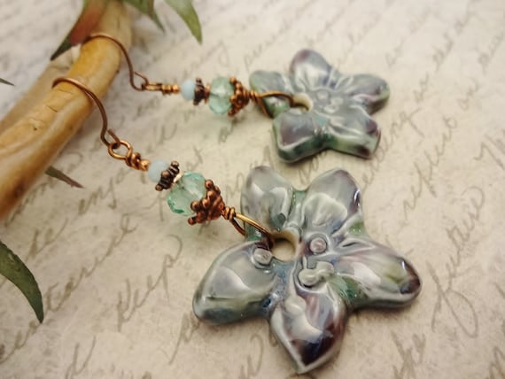 Artisan Ceramic Flower and Green Gemstone Earrings, Lavender Blue and Green Earrings, Artisan Earrings